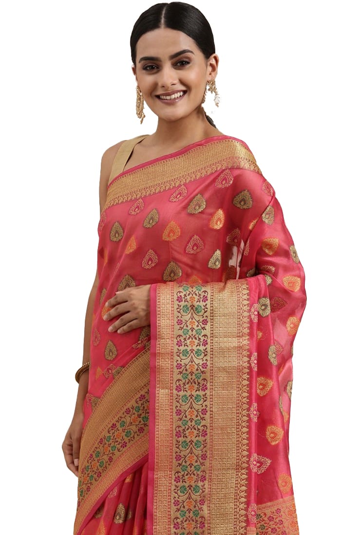 Women's Organza Printed Saree with Unstitched Blouse (Pink, 5-6 Mtrs)