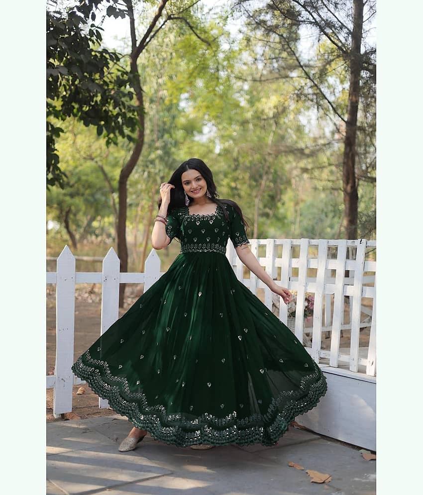 aplix Green Flared Georgette Women's Stitched Ethnic Gown ( Pack of 1 )