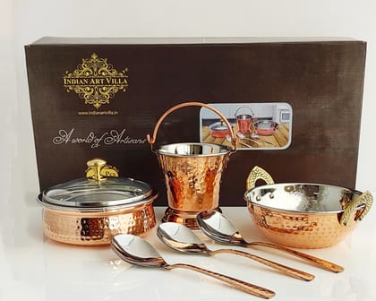 IndianArtVilla Handcrafted Pure Steel Copper 7 Pieces Hammered Design Dinner Set, Tableware, Serveware-7