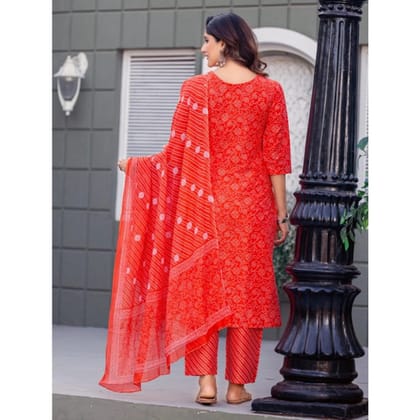 womens cotton blend printed kurti with pant dupatta set orange pid63064