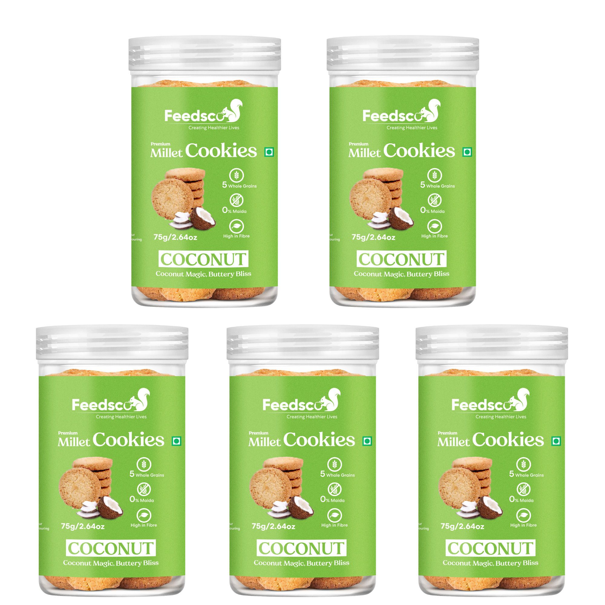 Feedsco Coconut Millet Cookies (75g x 5 Packs) - Tasty & Healthy Snack with Natural Sweetness - Best Healthy Cookies for Kids & Adults