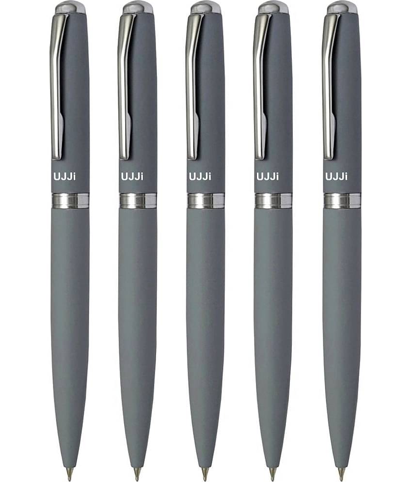 UJJi Grey Color Matte Finish Body Pack of 5 Twist Mechanism (Blue Ink) Metal Ball Pen