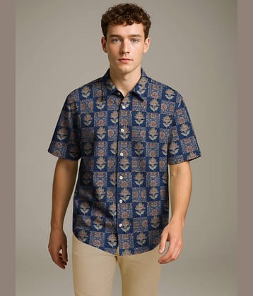 BULLMER Trendy Regular Fit Cotton Blend Printed Casual Half Sleeve Shirt for Men | Stylish Mens Casual Shirts | Shirts for Men_Navy Blue
