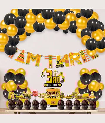 Zyozi Under Construction Theme Balloon Decoration,Under Construction Theme Birthday for Boys with I Am Three Banner,Cake & Cupcake Toppers,Balloons Birthday Decoration Kit (Pack of 37)