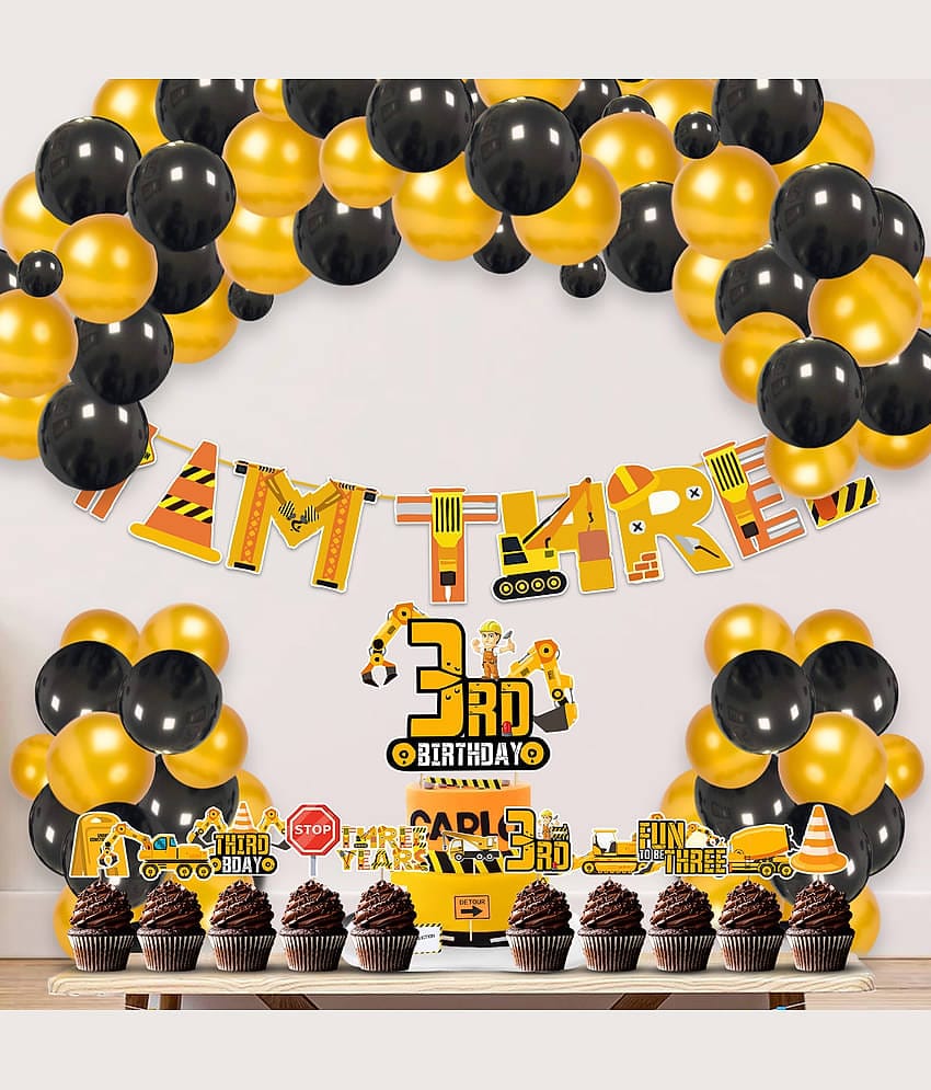 Zyozi Under Construction Theme Balloon Decoration,Under Construction Theme Birthday for Boys with I Am Three Banner,Cake & Cupcake Toppers,Balloons Birthday Decoration Kit (Pack of 37)