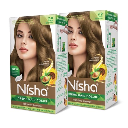 Nisha Creme Hair Color 7.0 Dark Blonde 120g Pack of 2, Permanent Hair Colour for Long Lasting Hair, 100% Grey Coverage