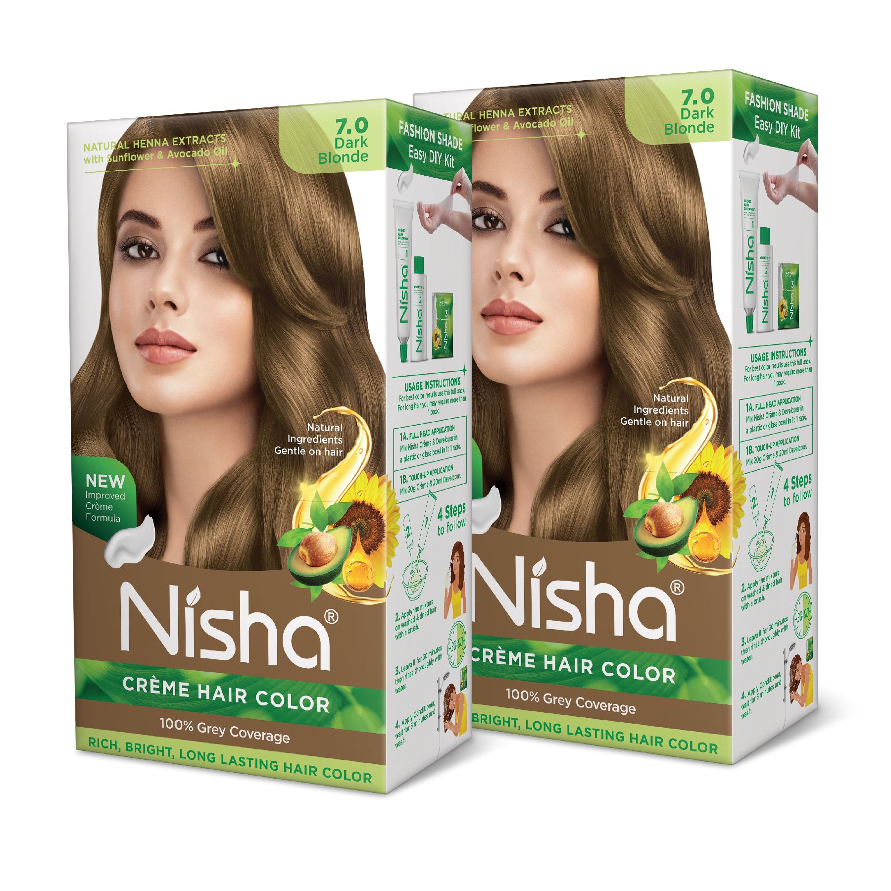 Nisha Creme Hair Color 7.0 Dark Blonde 120g Pack of 2, Permanent Hair Colour for Long Lasting Hair, 100% Grey Coverage