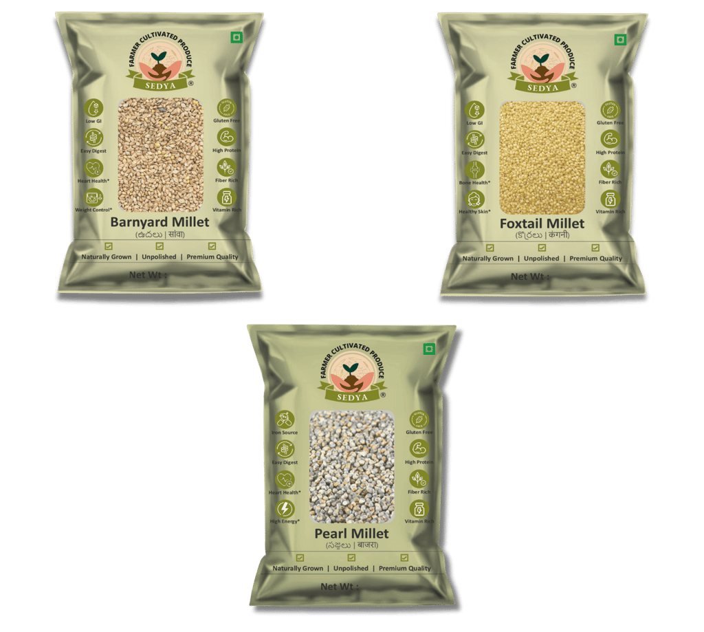 Sedya Three Millet Combo Whole Grains | Barnyard, Foxtail & Pearl Millet | Certified Low GI | Udalu / Korralu / Sajje | Gluten Free | Unpolished, Toasted, No Soaking Required | High Plant Protein & Fibre | Total 1.5 Kg (500 g Each Pack)
