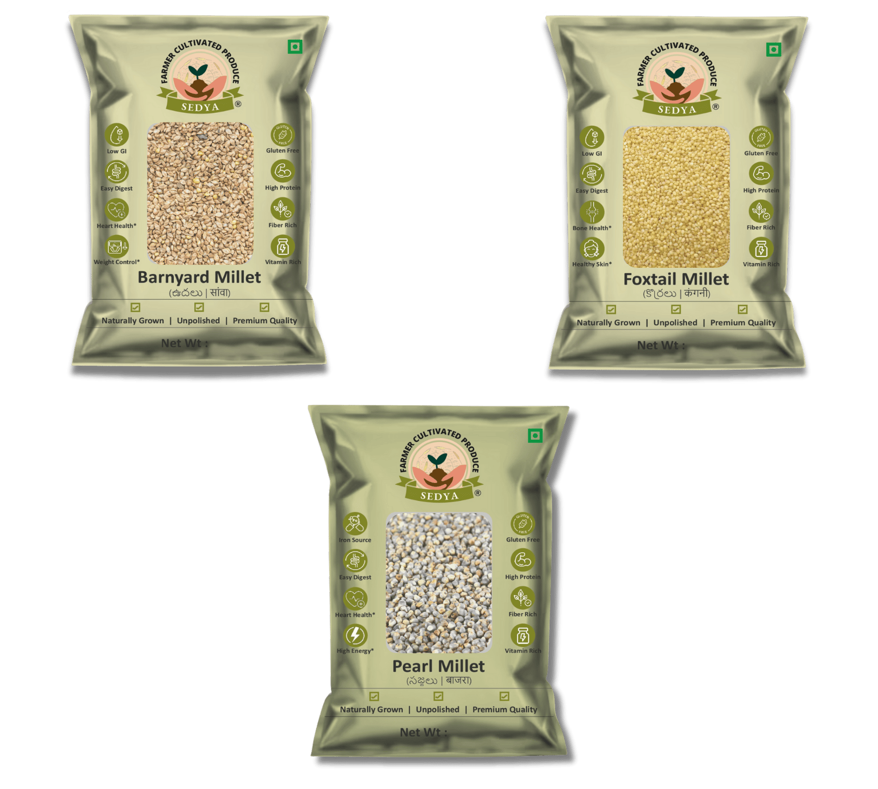 Sedya Three Millet Combo Whole Grains | Barnyard, Foxtail & Pearl Millet | Certified Low GI | Udalu / Korralu / Sajje | Gluten Free | Unpolished, Toasted, No Soaking Required | High Plant Protein & Fibre | Total 1.5 Kg (500 g Each Pack)