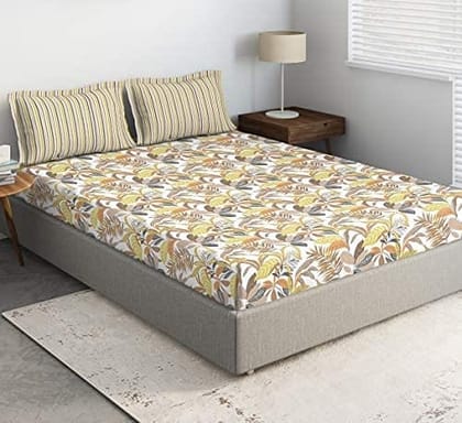 DDECOR - Alpha Collection 100% Cotton Leaves Pattern 136TC Queen Bedsheet |224 CM X 254 CM| with 2 Pillow Covers - Yellow