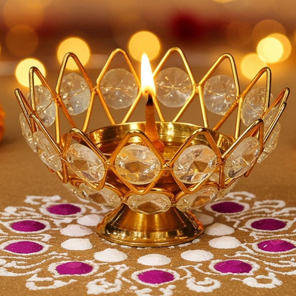 Brass Table Decor Oil Lamp Deepak With Crystal  - Designer Deepak for Home D�cor, Height : 2.1 Inch (ZMAS139 C)