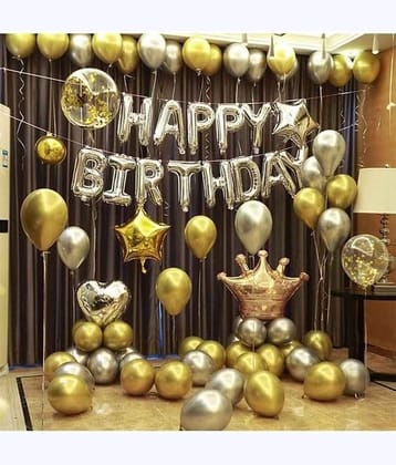 PartyBooms Happy BIrthday Silver Foil Decoration, 1 Silver Heart Foil Balloon, 1 Gold & 1 SIlver Star Foil, 1 Crown Foil 25 Gold, 25 Silver Metalic Balloons 5 Confetti Balloon Pack of 60