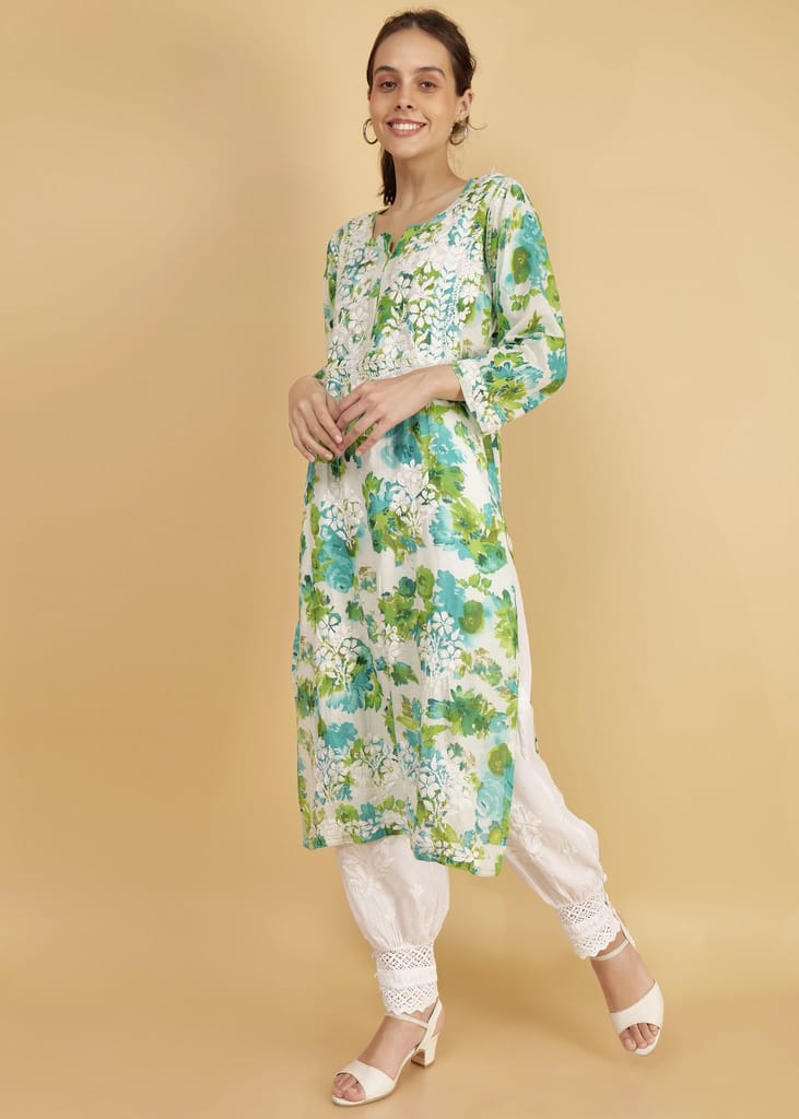 Pure Mulmul Floral Print Green Chikankari Long Straight Kurta