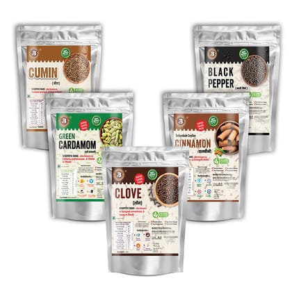 Brew Lab Sabut Garam Masala Packet Combo Of Cumin, Cardamom, Clove, Cinnamon and Blackpepper (5 x 100 grams)