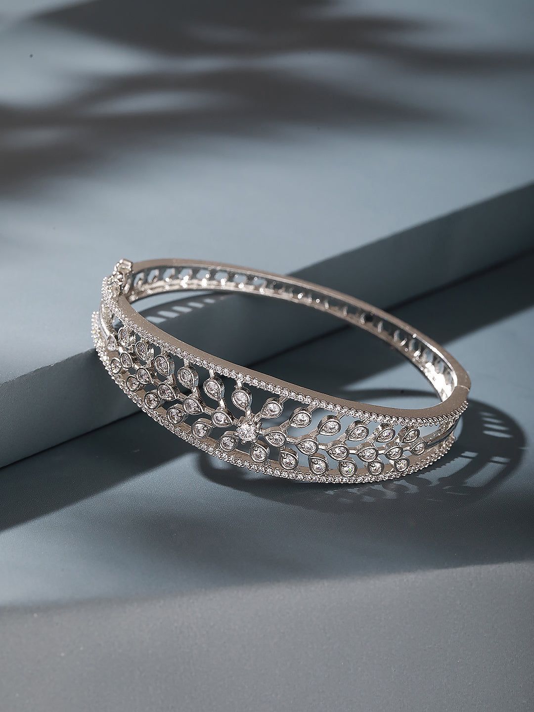 Silver Plated AD Cubic Zirconia Studded Luxe Bangle Bracelet