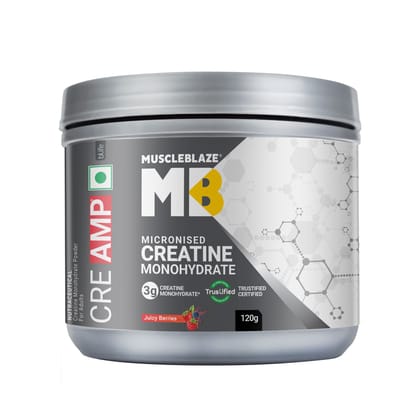 MuscleBlaze Micronised Creatine Monohydrate CreAMP Powder (Juicy Berries,120g)  Trustified Certified Creatine