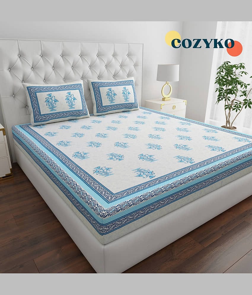 COZYKO Cotton 1 Double King Bedsheet with 2 Pillow Covers ( Blue )