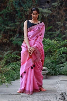 PINK COLOR WITH CAT DESIGN LINEN DIGITAL PRINTED SAREE  1597