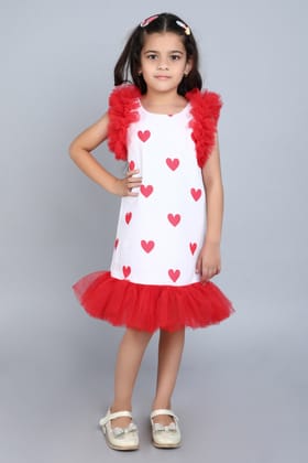 Heart Printed A Line Cotton Dress -Red-1-2Y / Red