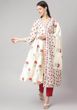Cream Chanderi Floral Anarkali Kurta Pant Set with Dupatta-XS