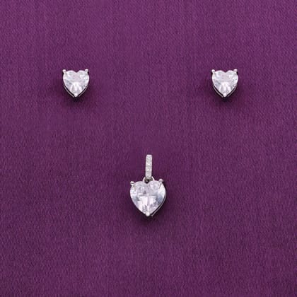 Hearty Crystals of Love Silver Pendant & Earrings Set-White Stone / Silver