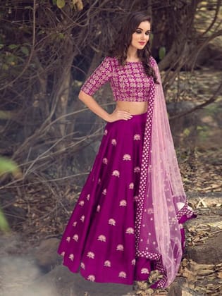 Purple Colored Party Wear Embroidered Banglori Silk Lehenga