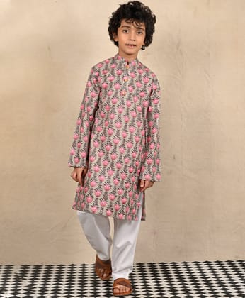 BEAGE BLOCK PRINT PURE COTTON KURTA PYJAMA SET - BEAGE /WHITE-2-3 YEARS / 2N / BEIGE/WHITE