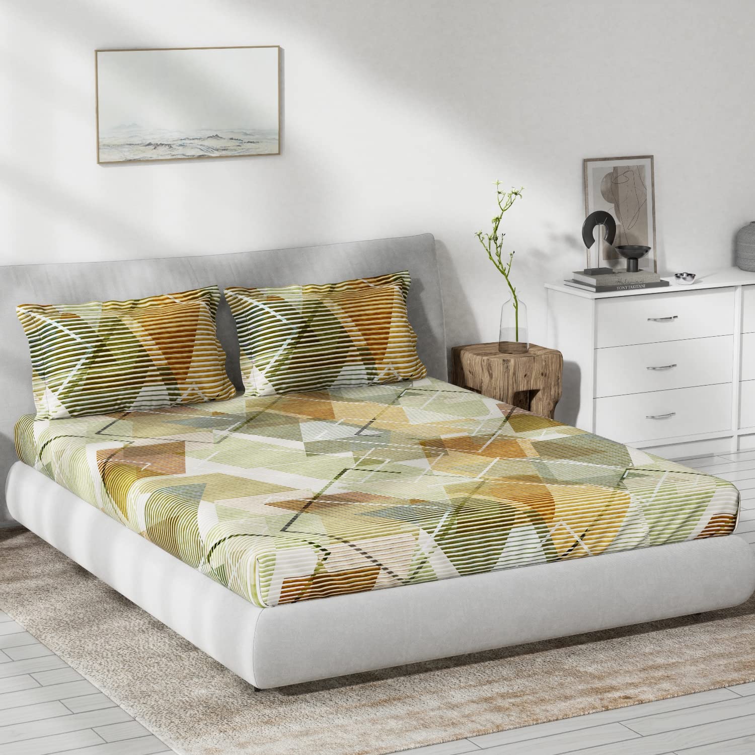 DDECOR - Primary Collection 100% Cotton Abstract Pattern 136TC King Bedsheet |229 CM X 274 CM| Brown