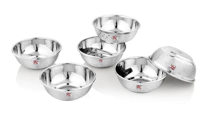 RK Premium Designer Curved Rim Stainless Steel Curry Dal Bowl Set of 6 | Serving Dessert Vegetable Soup Wati Vati Bowls Katori Rasgulla Wati Shower Tool Steel Set | Polished Kitchen & Dining, Size 6