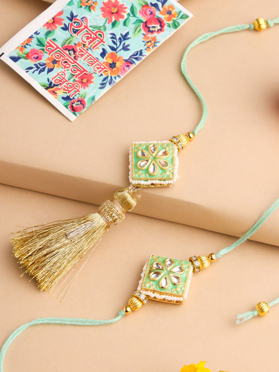 NVR Set of 2 Handmade Sea Green Kundan Studded Bhaiya Bhabhi Rakhi Set with Roli Chawal Chandan & Mishri-One Size / Sea Green