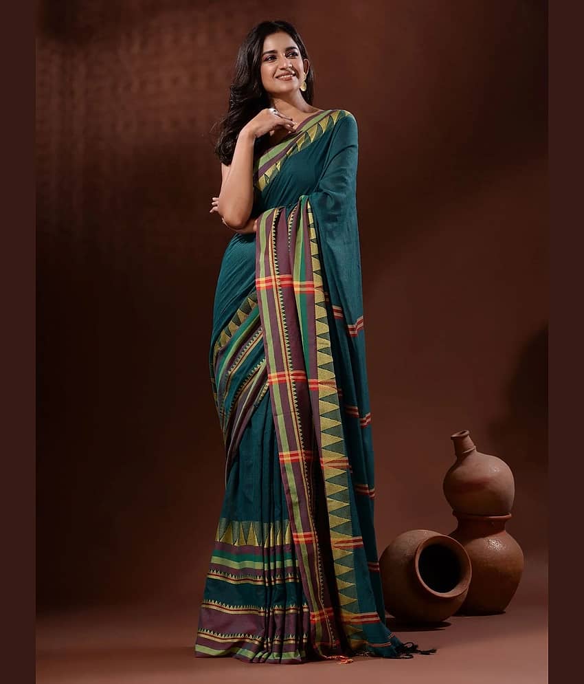 SARADA HANDLOOM Cotton Striped Saree With Unstitched Blouse Piece ( Grey Melange )