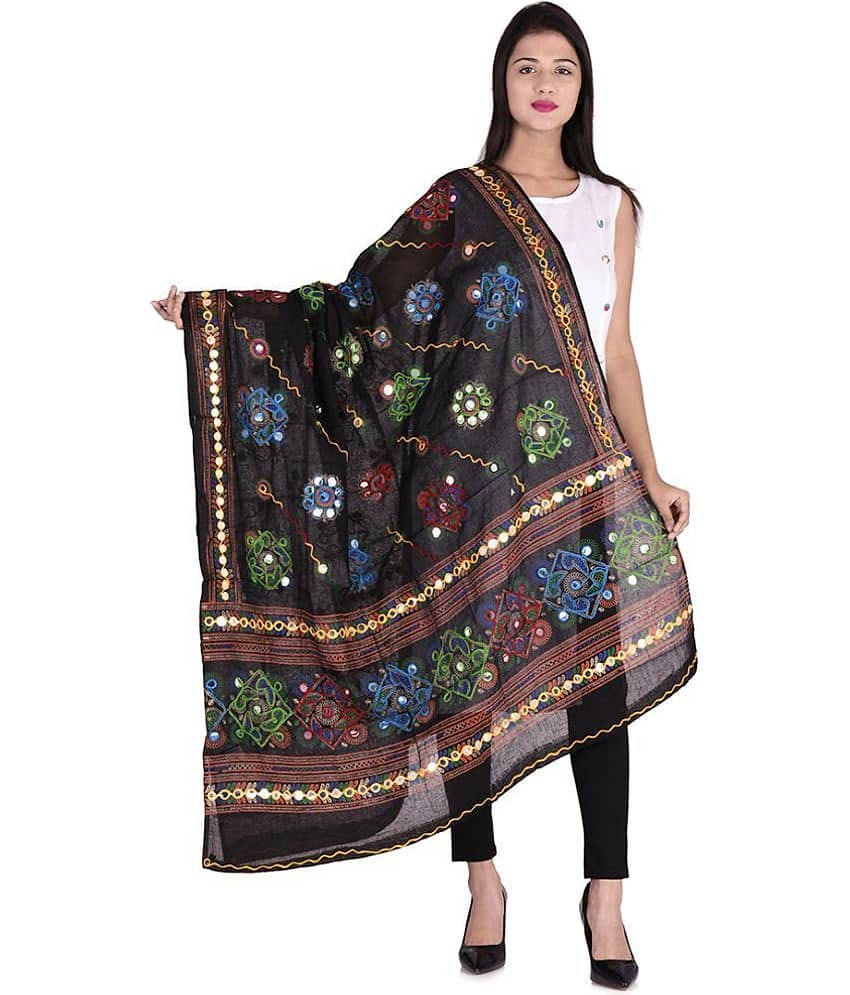 Apratim Black Cotton Kutch Embroidered Dupatta - Single