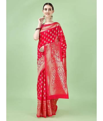 LEELAVATI Banarasi Silk Embellished Saree With Unstitched Blouse Piece ( Red )