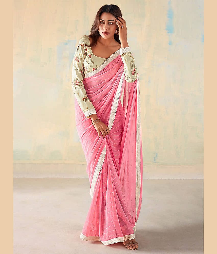 BLEESBURY Georgette Embellished Saree With Unstitched Blouse Piece ( Pink )