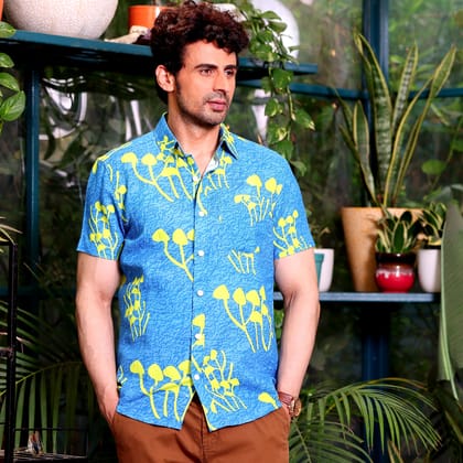 Mushroom Bunch Ocean Blue Casual Pure Linen Half Shirt (Size - S) by BLUE EAGLE