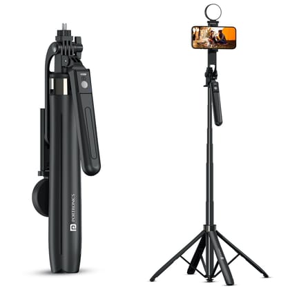 Portronics Lumistick Neo Adjustable Selfie Stick with Tripod & Rechargeable Remote, a versatile 2-in-1 photography accessory designed for selfies, group photos, videos, vlogging, and creative shooting - Black
