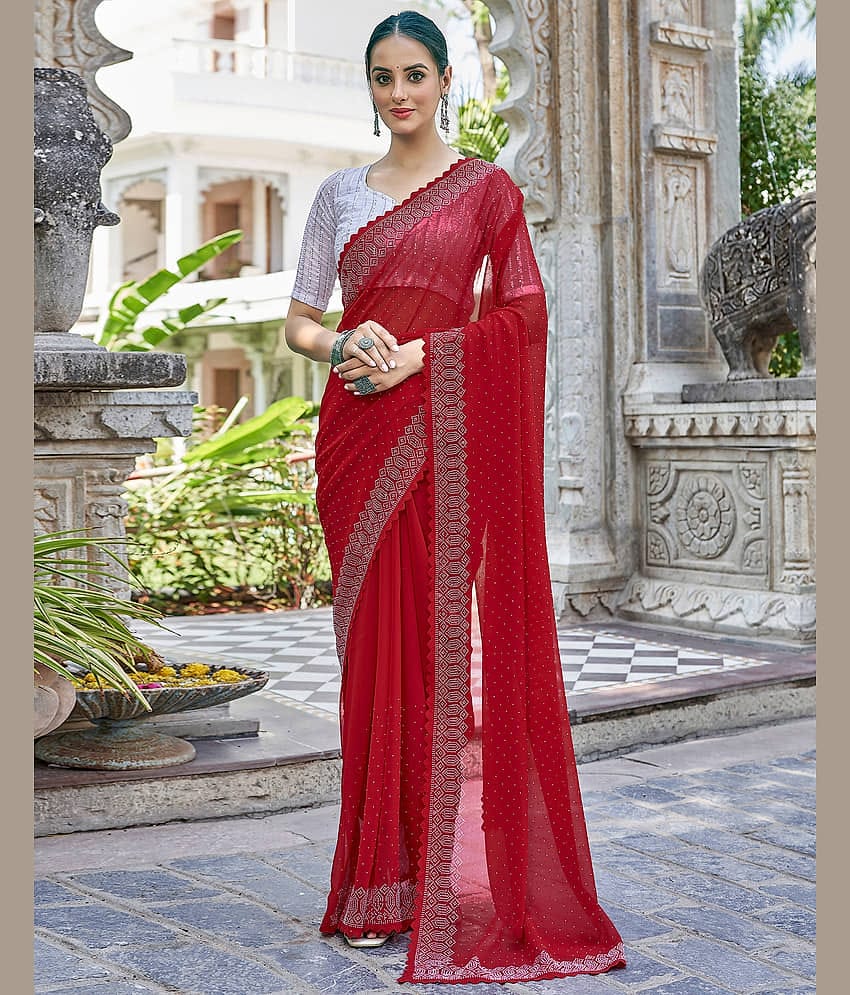 Samah Georgette Embellished Saree With Unstitched Blouse Piece ( Red )