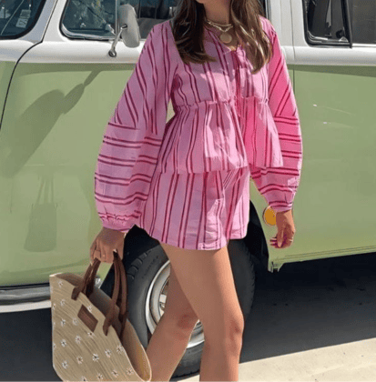 Brunette Striped Bow Coord Set-Pink / XS