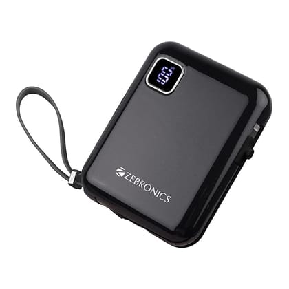 ZEBRONICS MW64 Compact Power Bank, 10000 mAh, Rapid Charge, 22.5W Output, Outputs - Type C Cable | Type C Port | Lightning Port, Percentage Indicator, Made in India (Black)