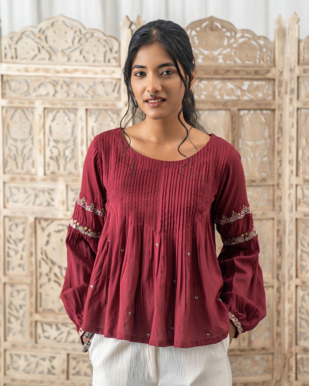 Cheenta Embroidered Pleated Top - Garnet Red-M