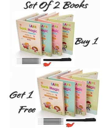 ( Set OF 2 Books ) Sank Magic Practice Copybook (4 Books +10 Refills + 1Grip +1 Pen)  Buy 1 Get 1 Free Book Set By Unico Traders