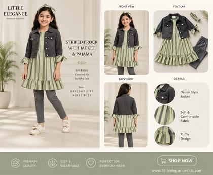 Front Open Button Frock Vertical Stripe Pattern Ruffle Bottom Design Denim Style JacketMatching Grey Legging Casual + Party Wear Look