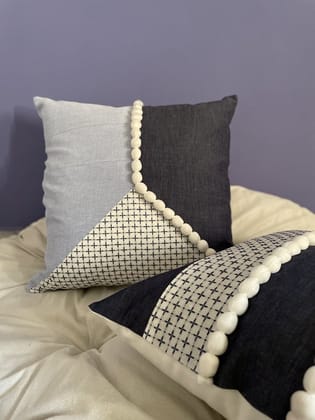 KRI India Snow Denim L-Panelled Cushion Cover 16x16" | Denim Blue & White | Wash & Care | 100% Cotton | Handcrafted in India. 100% organic & natural.