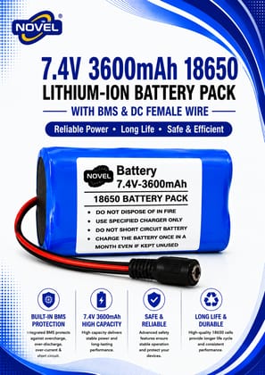 NOVEL 11.1V - 12V 18650 BMS LITHIUM ION BATTERY PACK WITH DC MALE + FEMALE- 3600mAh