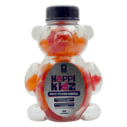 Happi Kidz Multivitamin Gummies For Kids - (60 Count Gummy Bears) - with 16 essential vitamins and minerals - Supports Growth and Immunity -Orange & Strawberry - Children above 2 years - British 