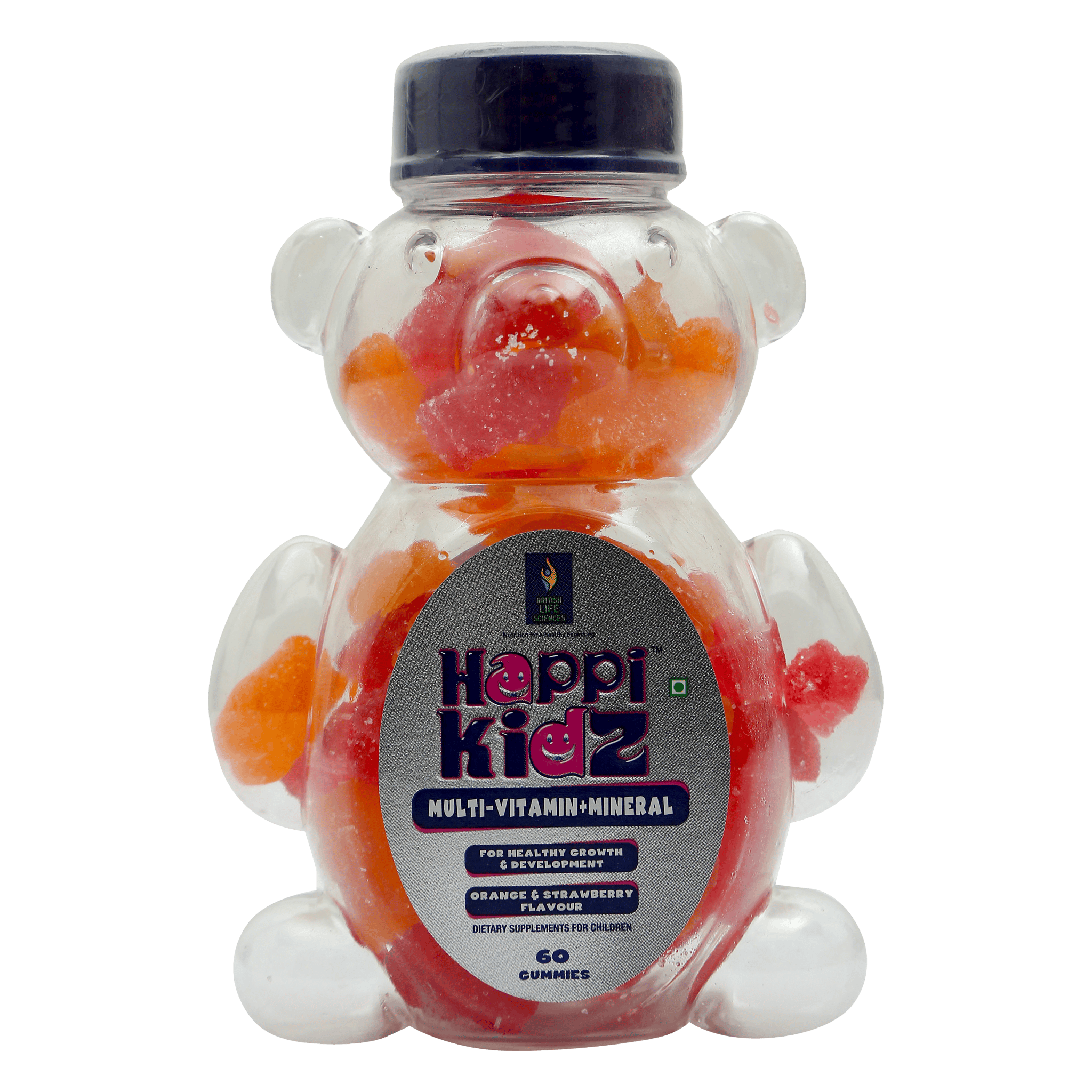 Happi Kidz Multivitamin Gummies For Kids - (60 Count Gummy Bears) - with 16 essential vitamins and minerals - Supports Growth and Immunity -Orange & Strawberry - Children above 2 years - British 