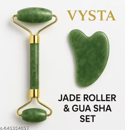 VYSTA Premium Jade Roller & Gua Sha Face Massage Tool Set for Women | Cooling Skin Tightening Stone Roller for Face Lift, Glow & Puffiness Reduction