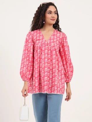 Pink Floral Print Cotton Fabric Regular Peplum Top-XS