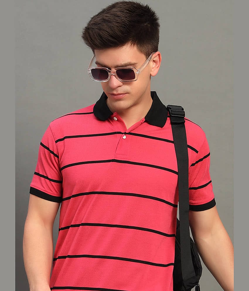 GET GOLF Pack of 1 Cotton Blend Regular Fit Striped Half Sleeves Men's Polo T Shirt ( Coral )