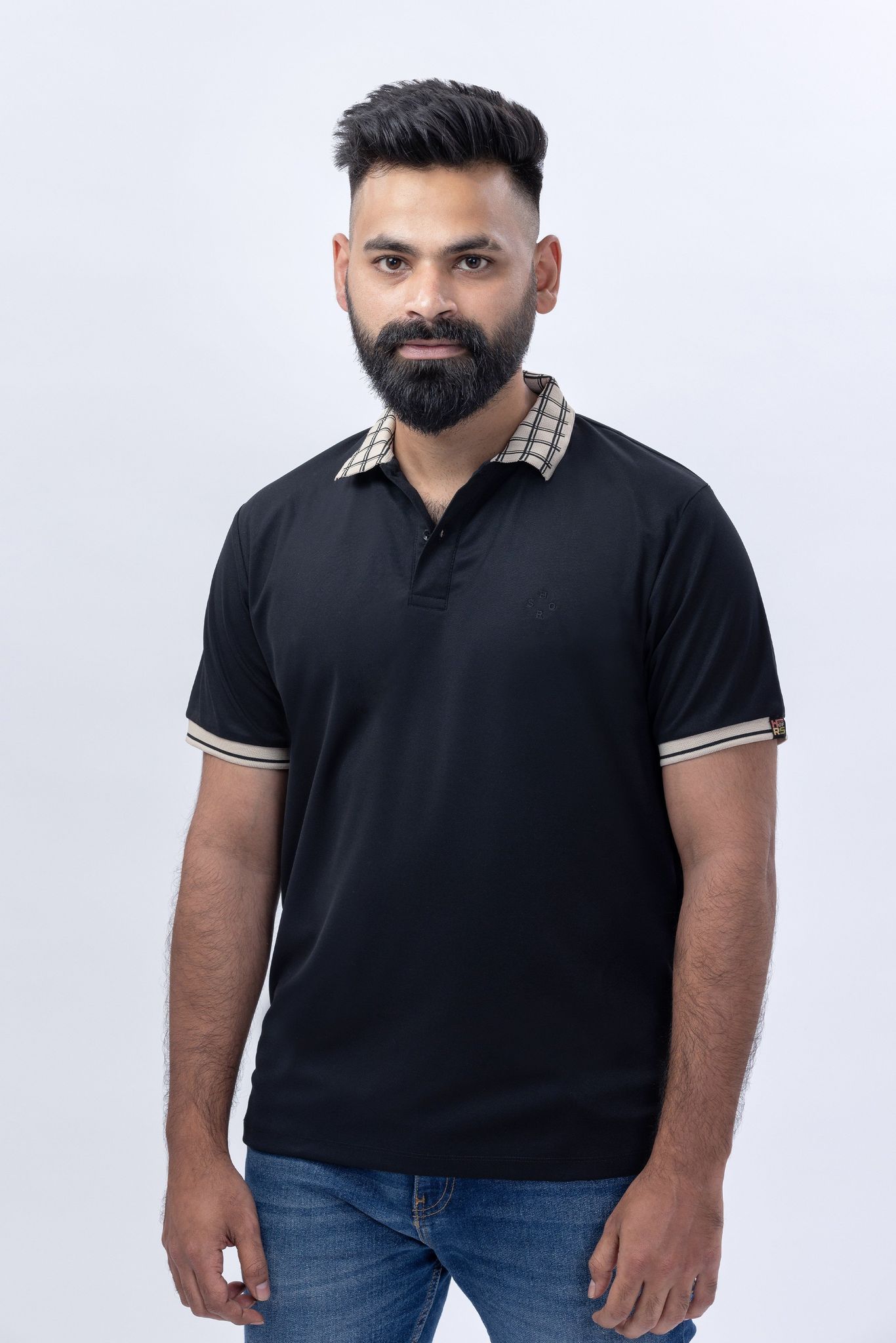 Black Polo T-Shirt With Checks Collar